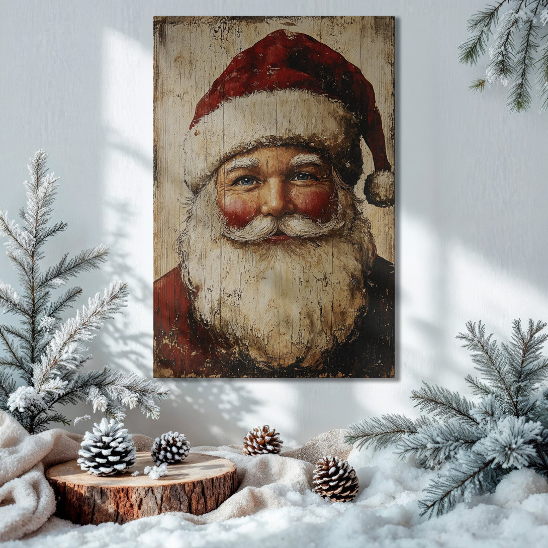 Framed Wall Art: Vintage Santa Claus portrait in rustic style. Warm red, cream, and gold color palette. Perfect Christmas home decor.