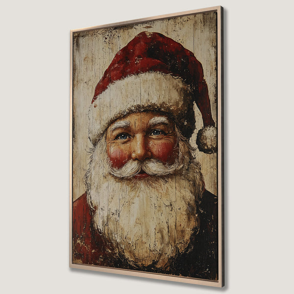 Framed Wall Art featuring Santa Claus portrait. Rustic, vintage style with red, white, and brown color palette. Perfect Christmas decor.