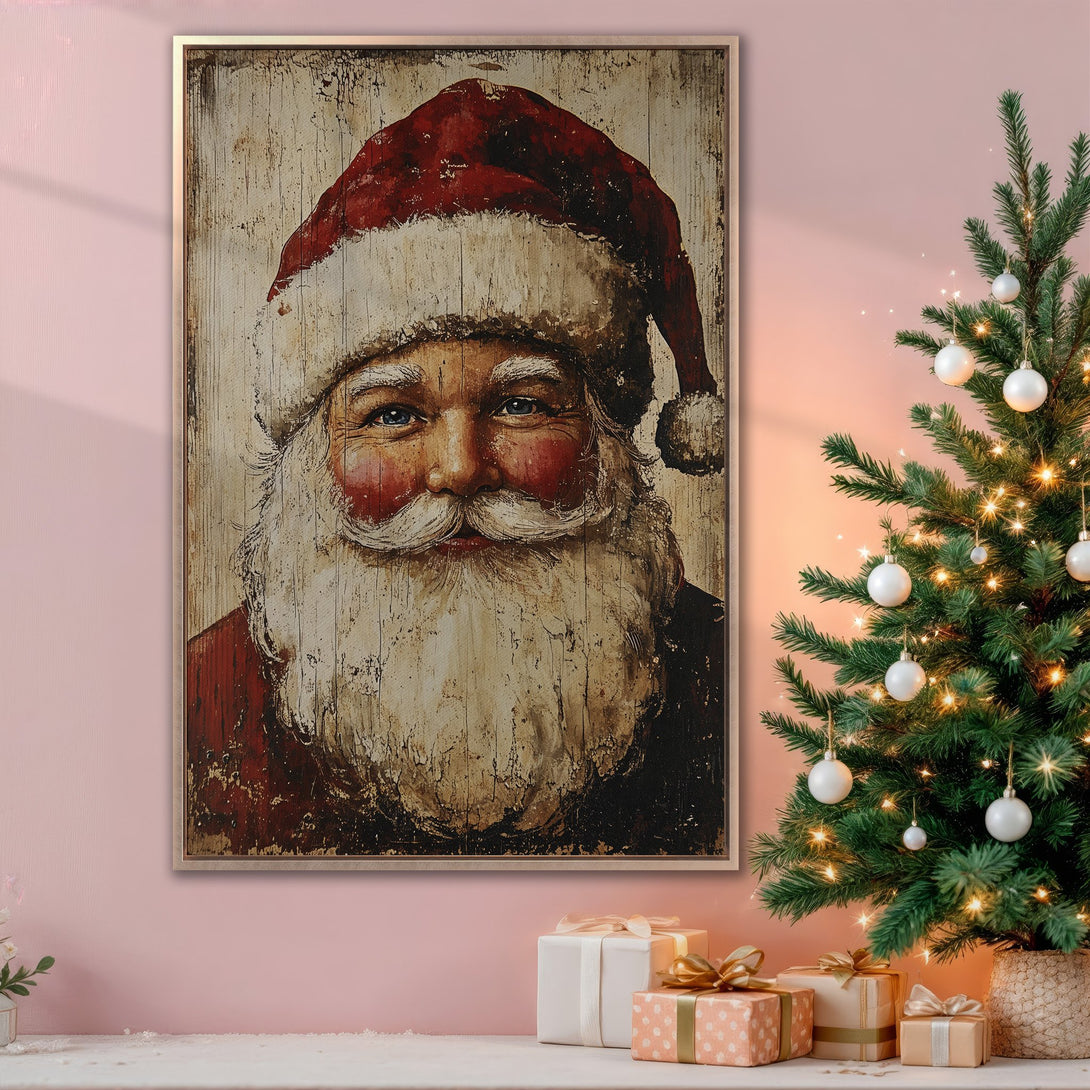 Framed Wall Art of Santa Claus in rustic style, warm red and cream palette. Perfect Christmas decor for your home!