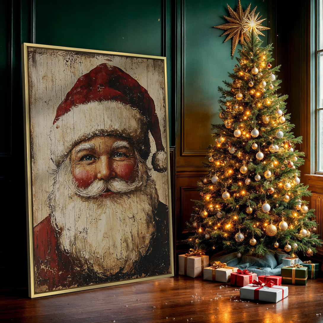 Canvas Print of Santa Claus, vintage style, red & cream palette. Perfect Christmas wall art for a cozy holiday home!