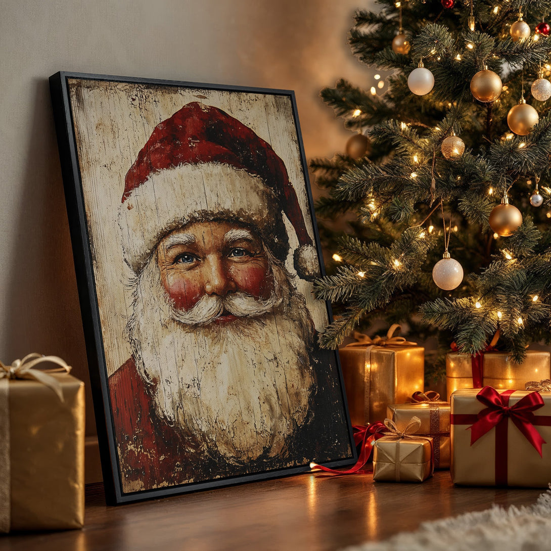 Framed Wall Art: Rustic Santa portrait in warm tones. Perfect Christmas decor, featuring a vintage style with red, gold, and cream color palette.