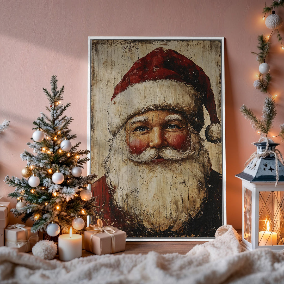 Framed Wall Art: Vintage Santa Claus portrait in rustic style, warm red & cream tones. Perfect Christmas decor! Shop Canvas Prints for festive home accents.