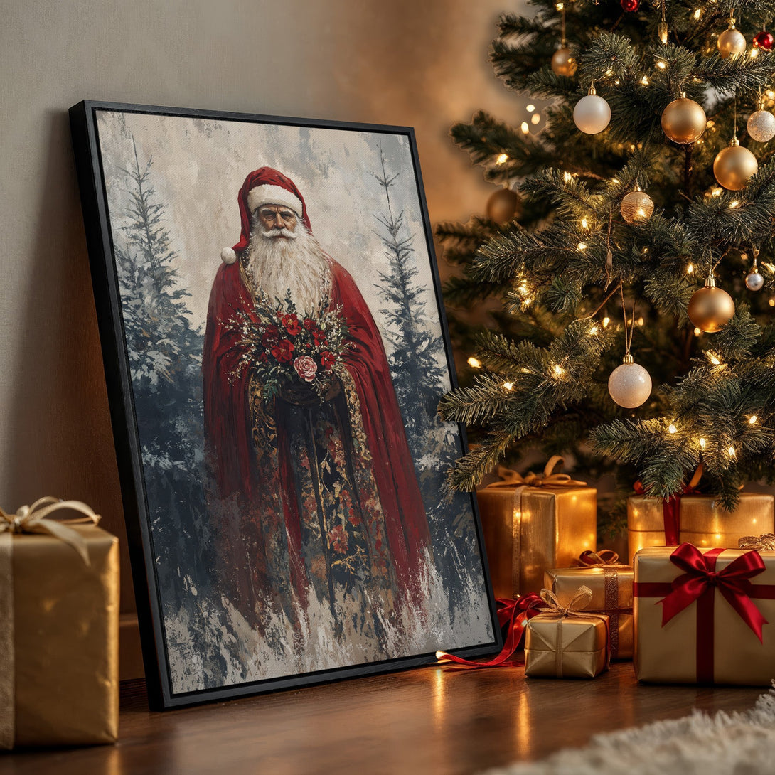 Framed Wall Art: Vintage Santa Claus painting in red & gold color palette, perfect for Christmas decor. Add festive charm to your home!