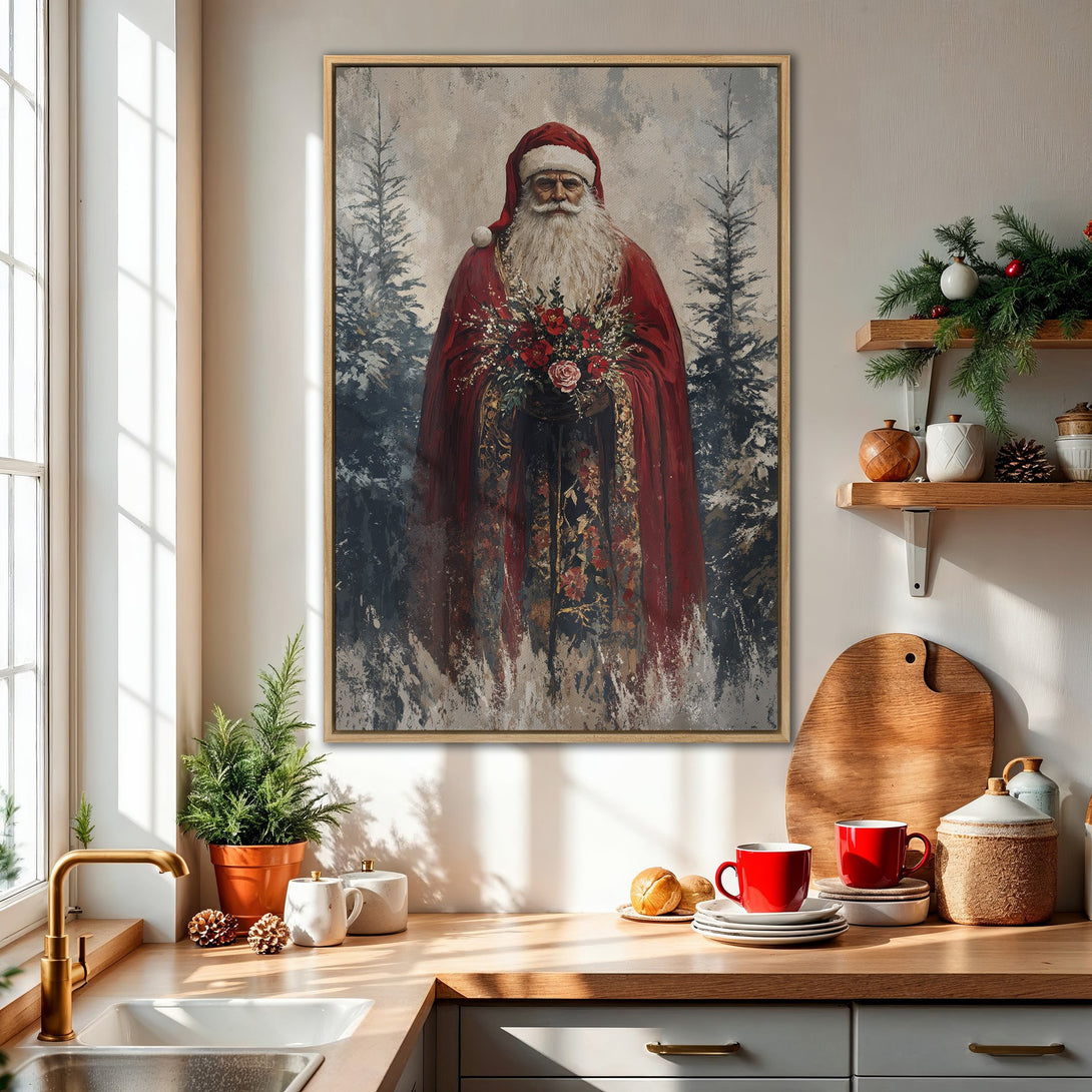 Framed Wall Art: Vintage Santa Claus portrait in red and neutral tones. Perfect holiday decor for a cozy kitchen. Add festive charm to your home!