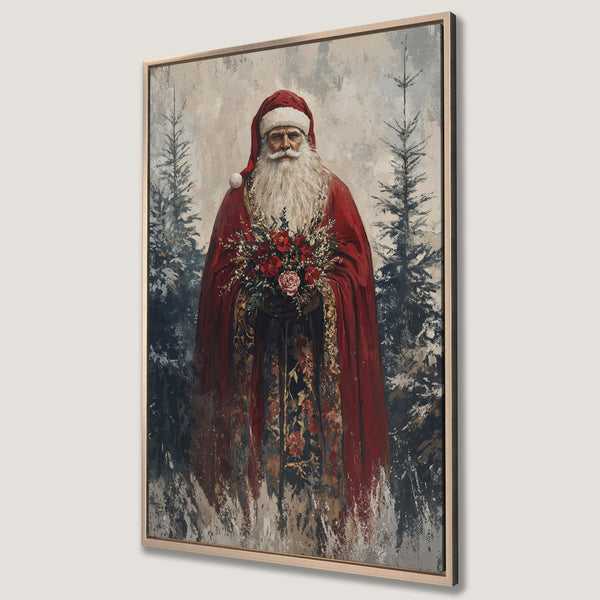 Framed Wall Art of Santa Claus in a red coat, holding flowers. Vintage style with a warm, festive color palette. Perfect Christmas decor!