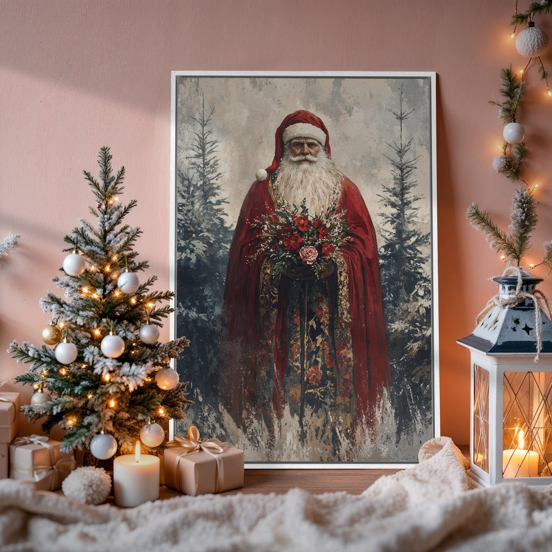 Framed Wall Art: Vintage Santa Claus print in warm red & neutral tones. Perfect Christmas decor for a cozy, inviting space. Shop now!