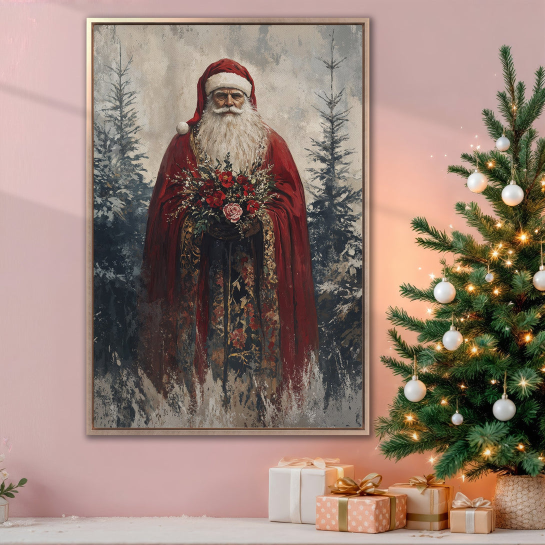 Framed Wall Art: Vintage Santa Claus painting with red, white, and green color palette. Perfect Christmas decor! Add festive charm to your space.