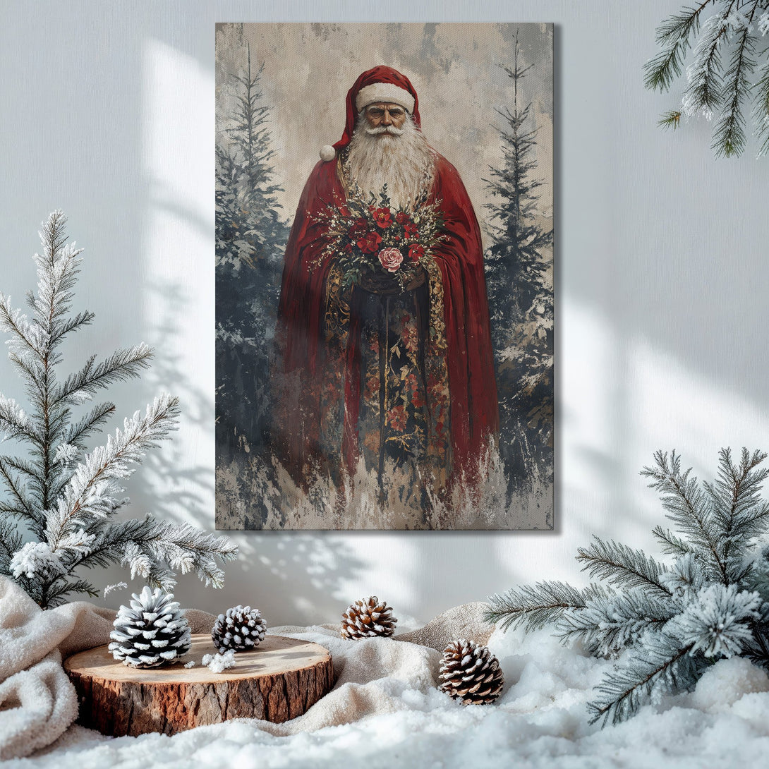 Framed Wall Art: Vintage Santa Claus painting in a festive interior. Rich red, gold, and green color palette. Perfect Christmas decor.