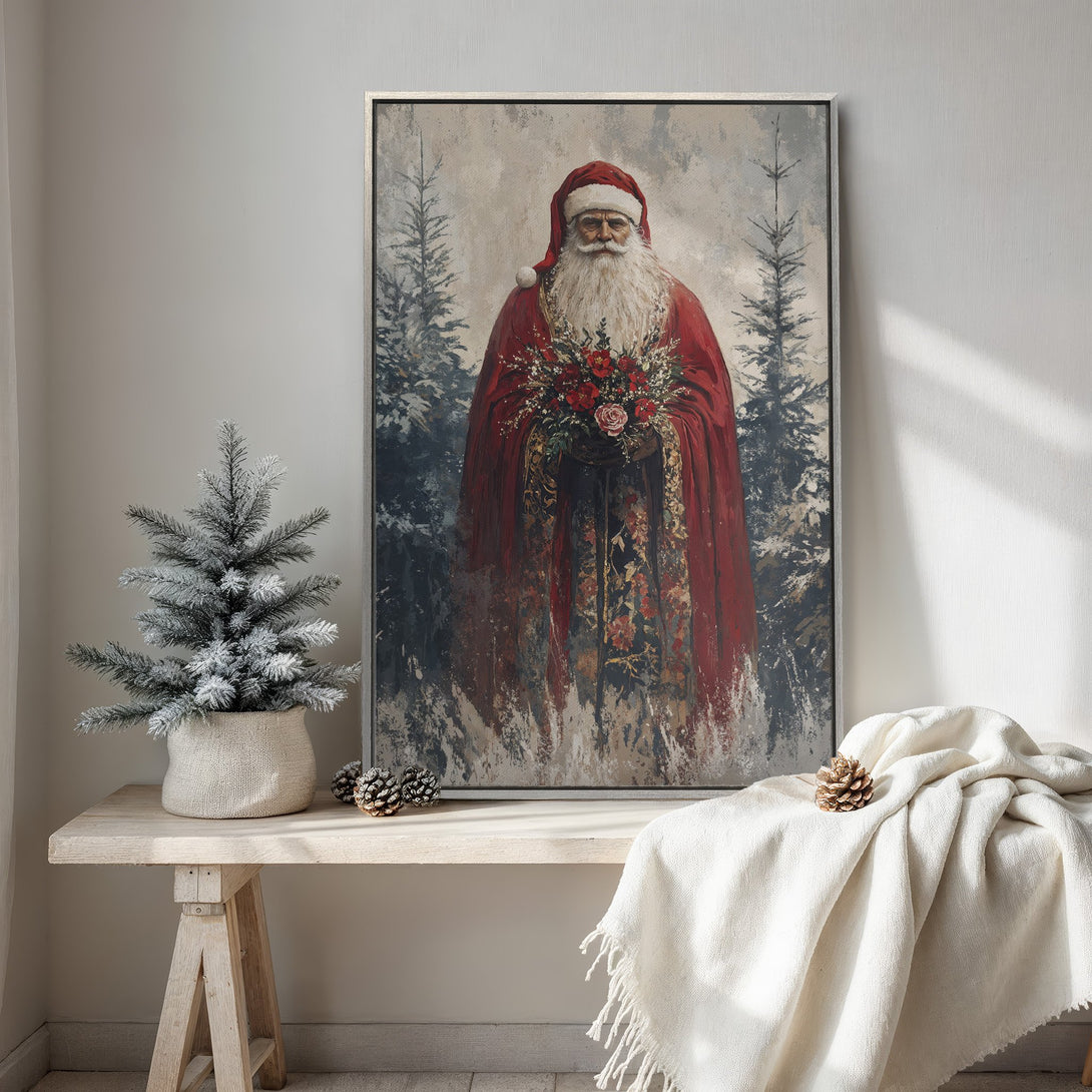 Framed Wall Art featuring Santa Claus in a vintage style. Red and neutral color palette. Perfect Christmas decor for a cozy interior.