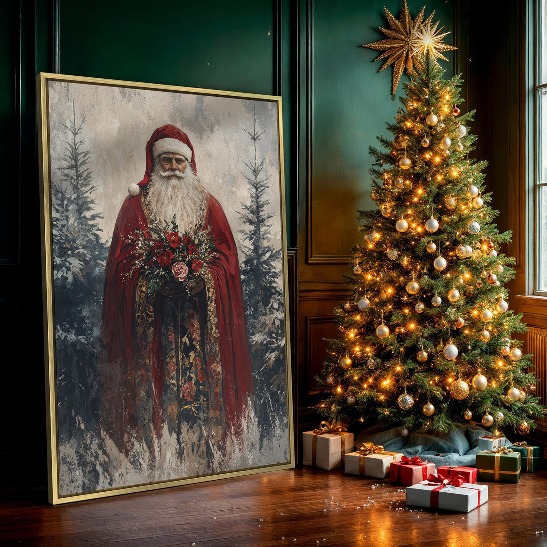 Canvas Print of Santa Claus in a vintage style, featuring a red and neutral color palette, perfect for holiday decor.