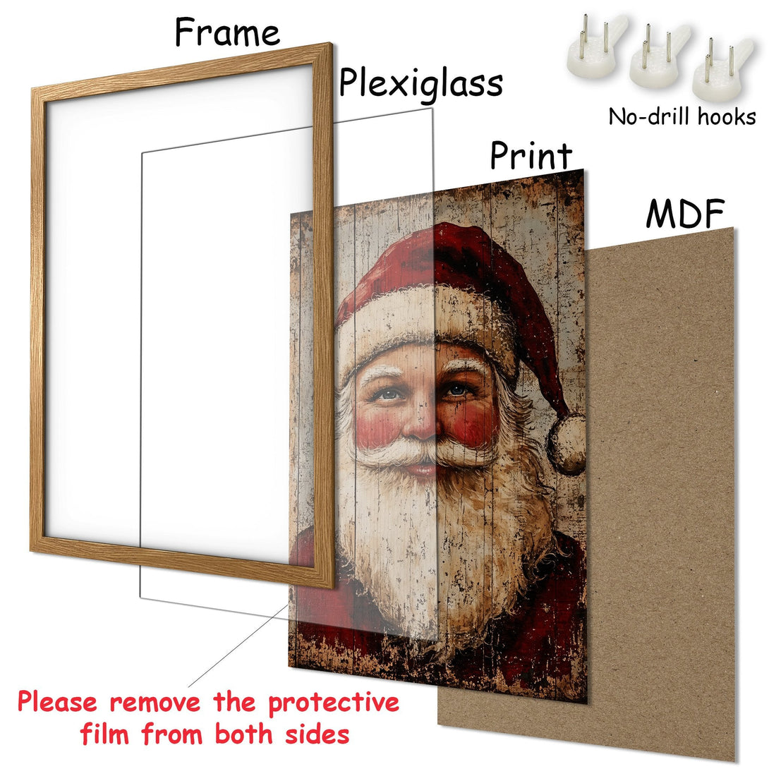Framed Poster featuring Santa Claus in a vintage style with a warm red and brown color palette. Perfect Christmas decor!