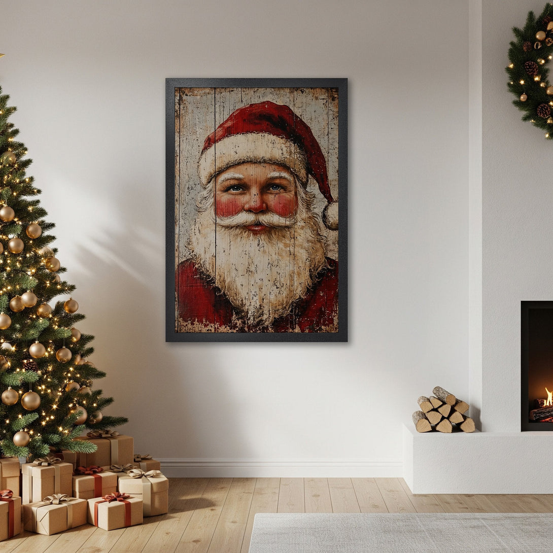 Framed Poster featuring Santa Claus portrait in rustic style with red, white, and brown color palette, perfect Christmas decor.