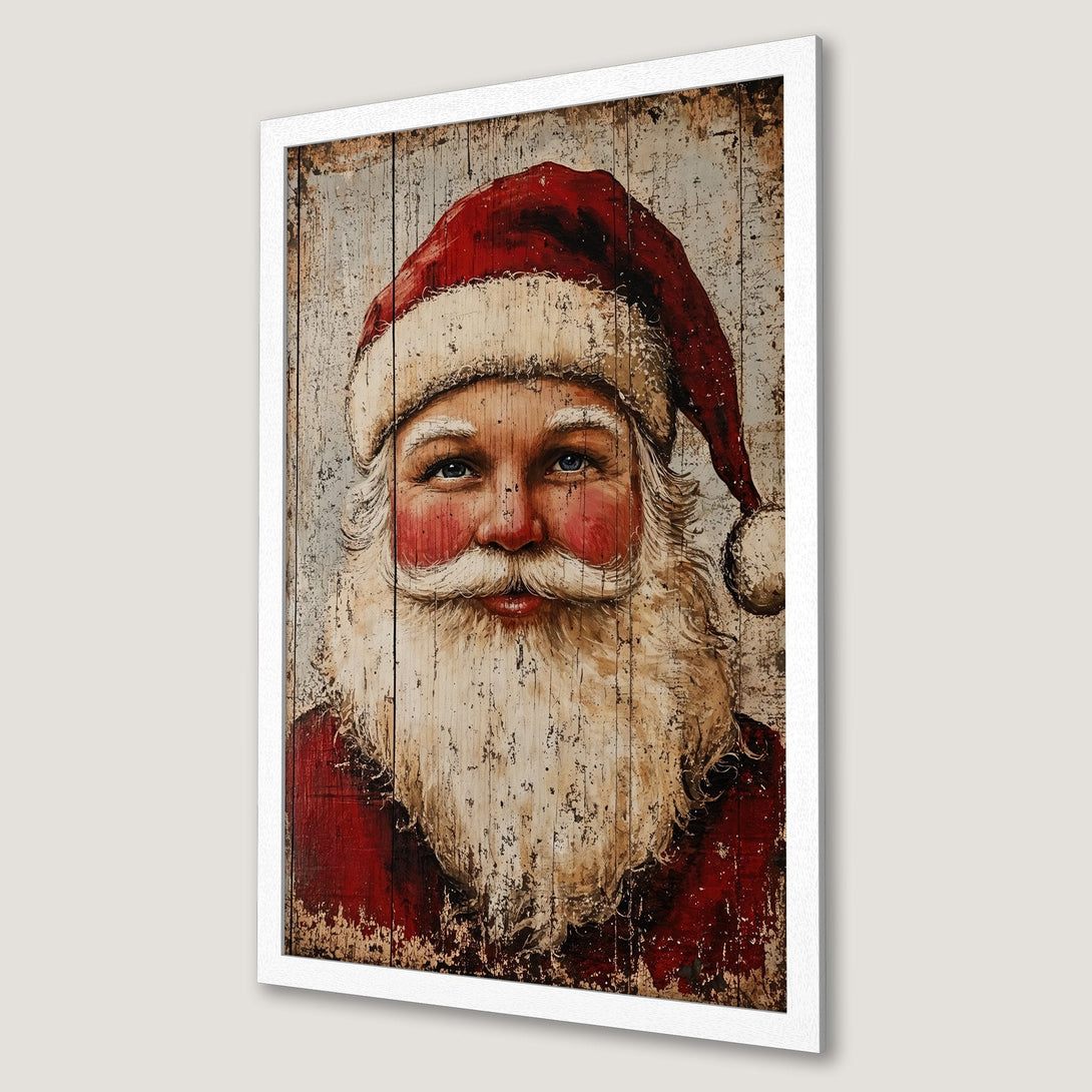 Framed Poster featuring Santa Claus portrait in rustic style with red, white, and brown color palette. Perfect Christmas decor!