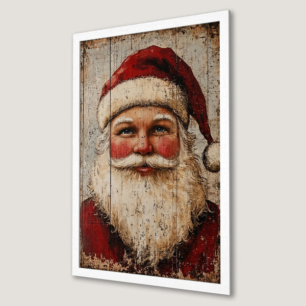 Framed Poster featuring Santa Claus portrait in rustic style with red, white, and brown color palette. Perfect Christmas decor!