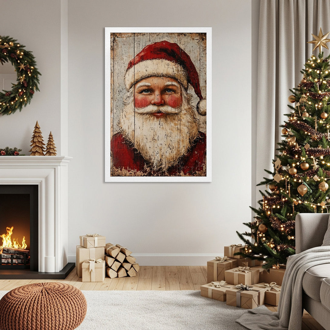 Framed Poster featuring Santa Claus portrait, rustic style, red and white color palette, perfect Christmas decor.