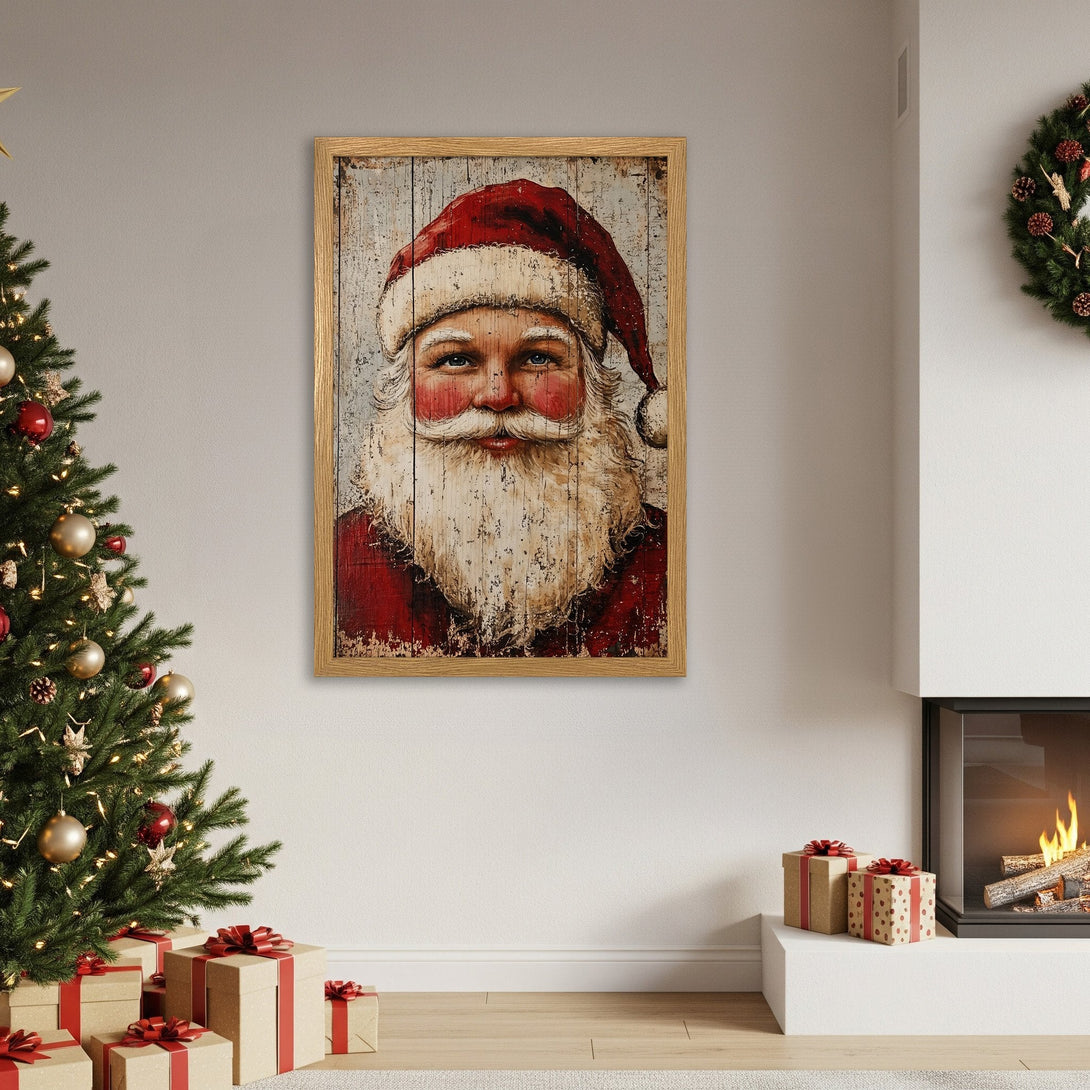 Framed Poster featuring Santa Claus portrait in rustic style with red and neutral tones, perfect for Christmas decor.
