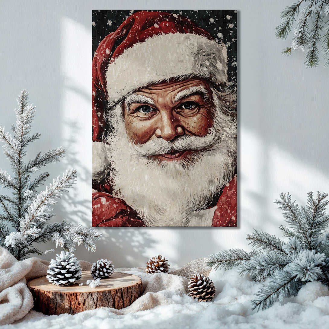 Framed Wall Art: Santa Claus portrait in a festive interior. Rich red, white, and gold color palette. Perfect Christmas decor!