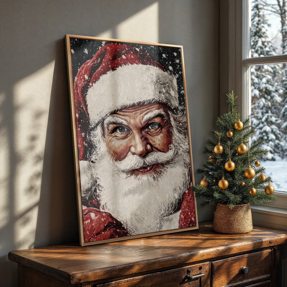 Framed Wall Art featuring Santa Claus in a festive, painterly style. Red, white, and black color palette. Perfect Christmas decor for your home!