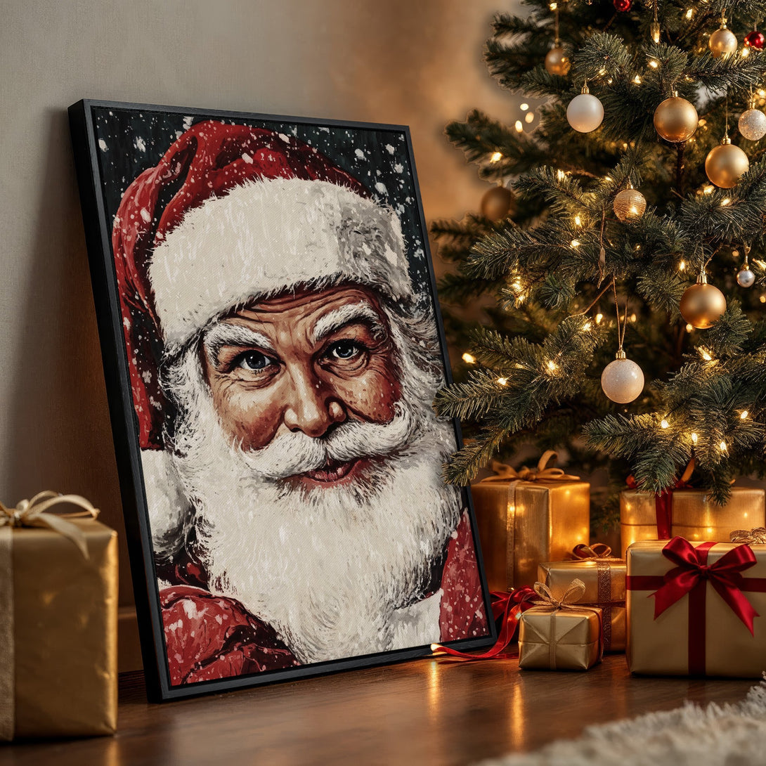 Framed Wall Art of Santa Claus portrait in a warm, festive interior. Red and gold color palette, perfect for Christmas decor. Shop now!
