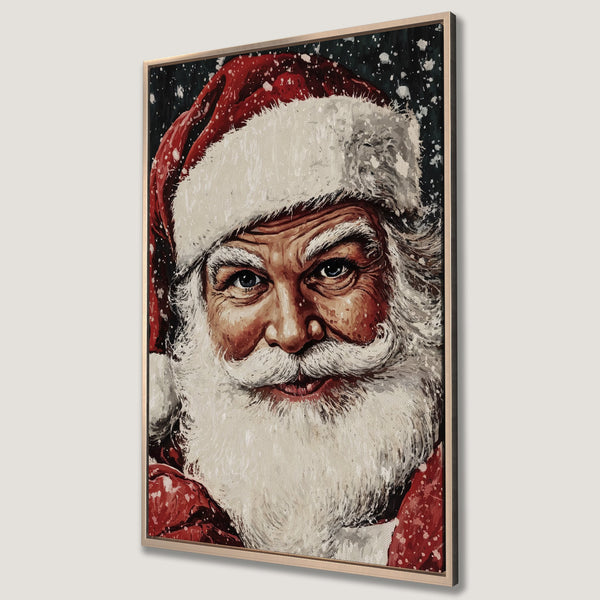 Framed Wall Art featuring Santa Claus portrait in a painterly style with red, white, and dark green hues. Perfect Christmas decor for your home!