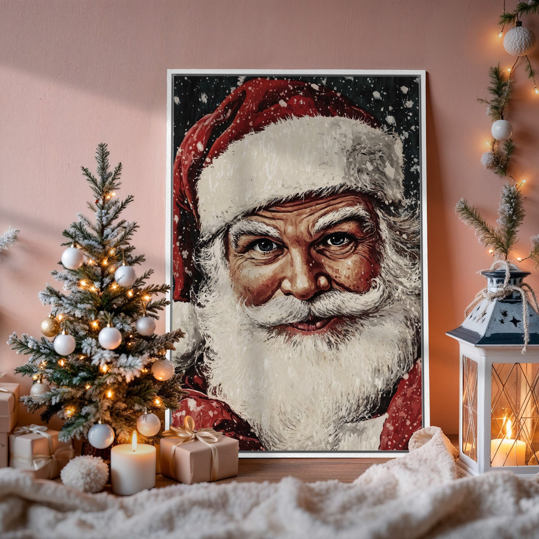 Framed Wall Art: Santa Claus portrait in a festive interior. Warm red, white, and neutral tones create a cozy Christmas vibe. Perfect holiday decor!