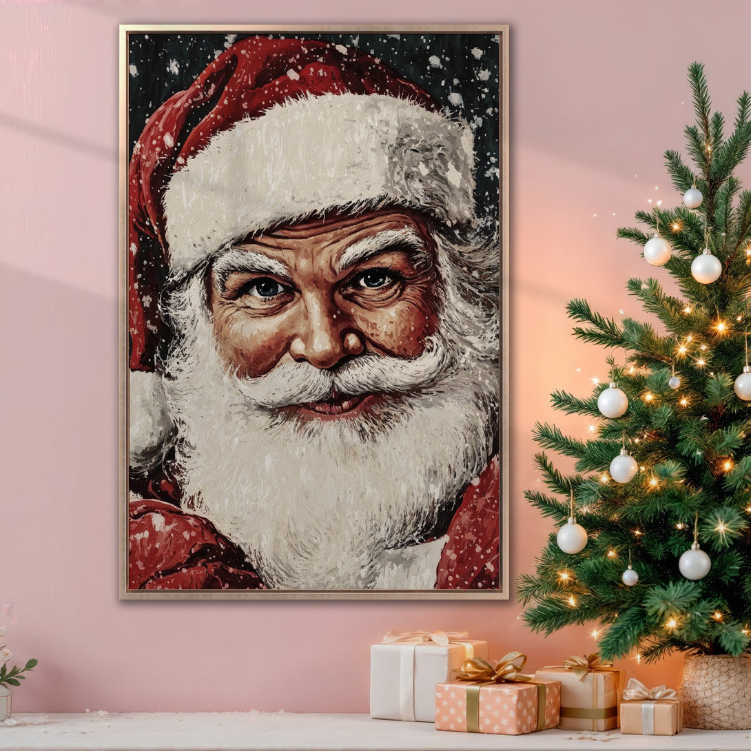 Framed Wall Art: Santa Claus portrait in a warm, festive style. Rich red, white, and brown tones create a cozy Christmas atmosphere. Perfect holiday decor.