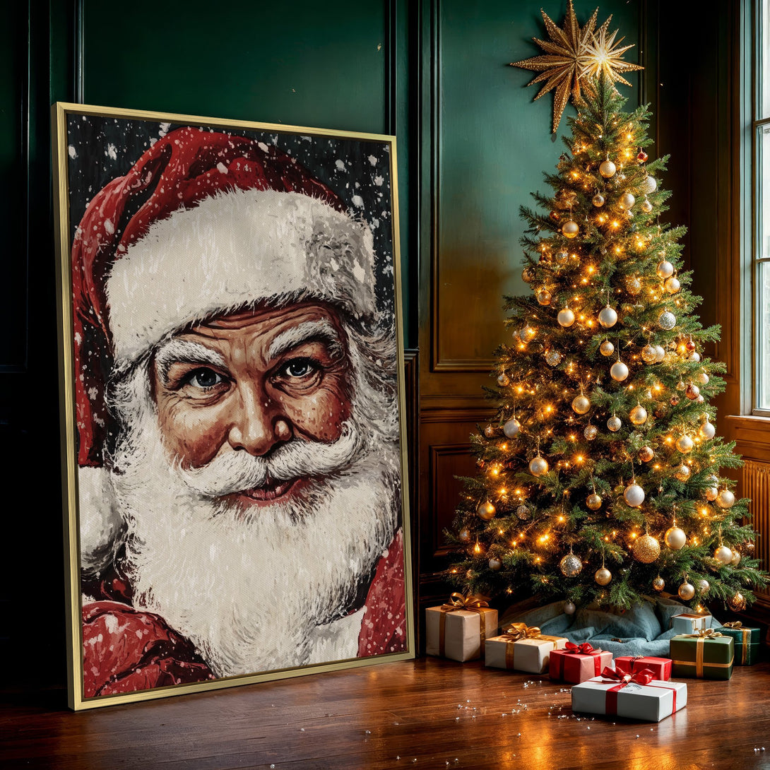 Canvas Print of Santa Claus portrait in a festive red and white color palette. Perfect Christmas wall art to brighten your home!