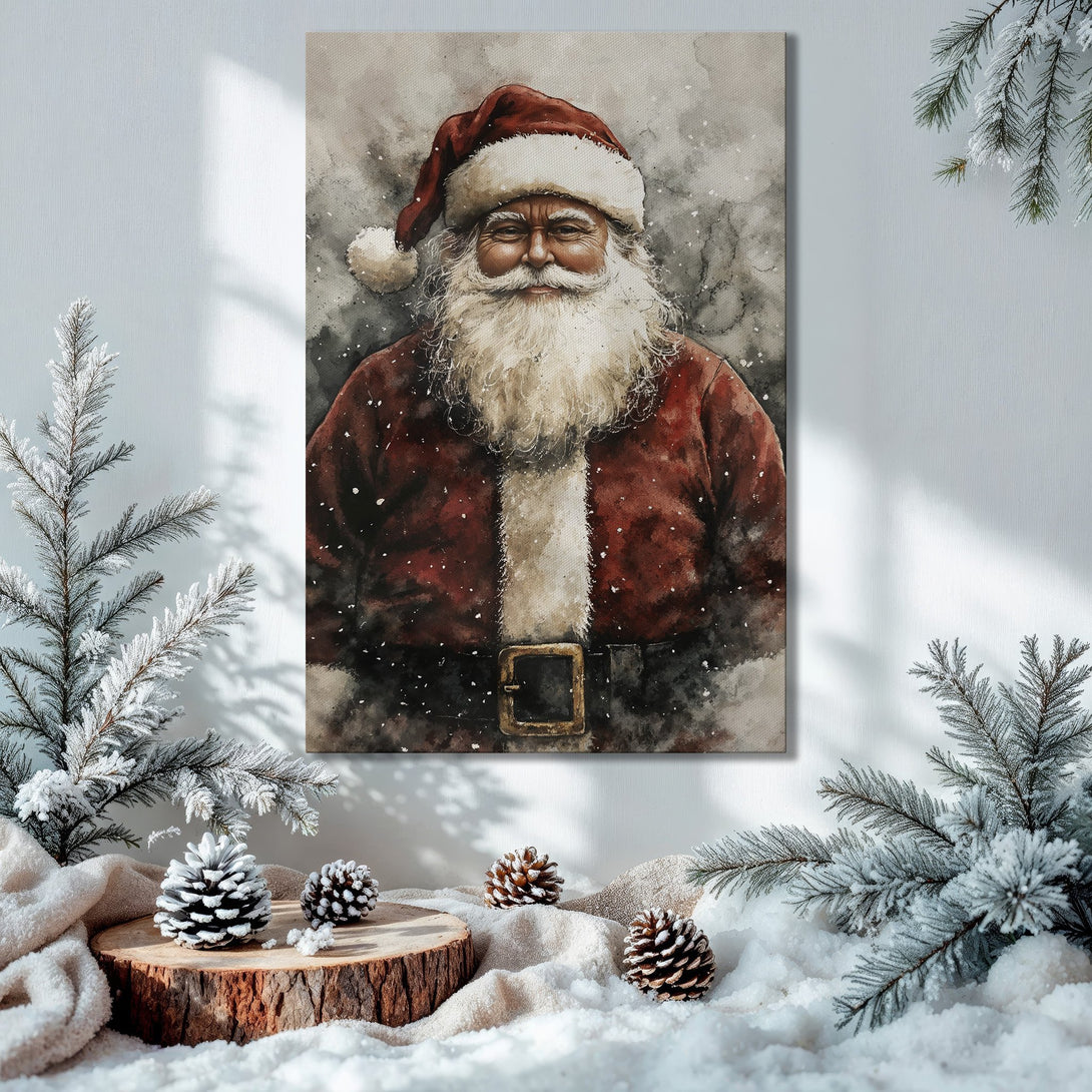 Framed Wall Art: Watercolor Santa Claus print in a festive interior. Rich red, green, and gold color palette, perfect for Christmas decor.