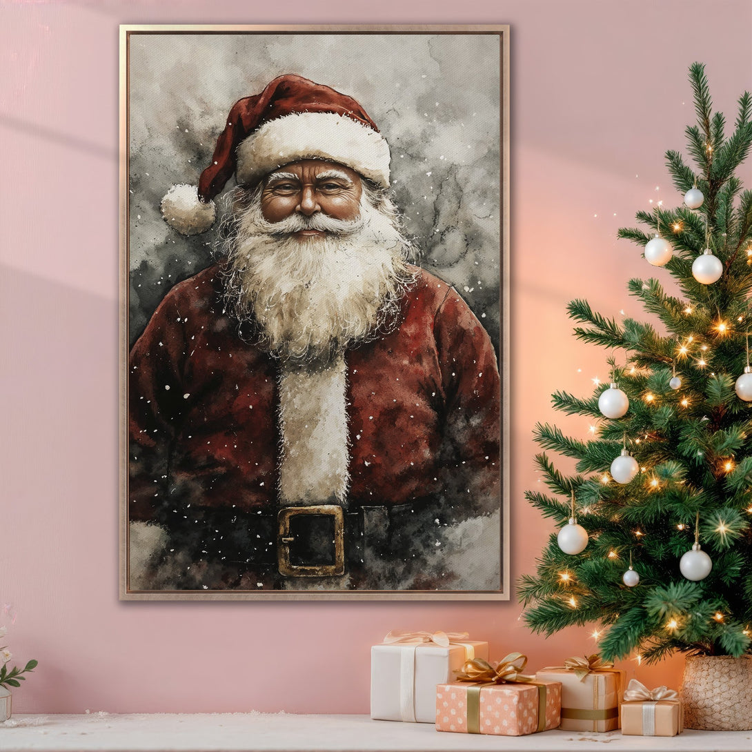 Framed Wall Art featuring Santa Claus in watercolor style. Festive red, white, and gray color palette. Perfect Christmas decor for your home!
