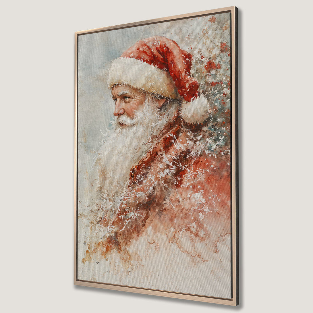 Framed Wall Art: Watercolor Santa Claus portrait in red & white. Festive holiday decor, perfect for Christmas. Canvas Print with a warm, inviting color palette.