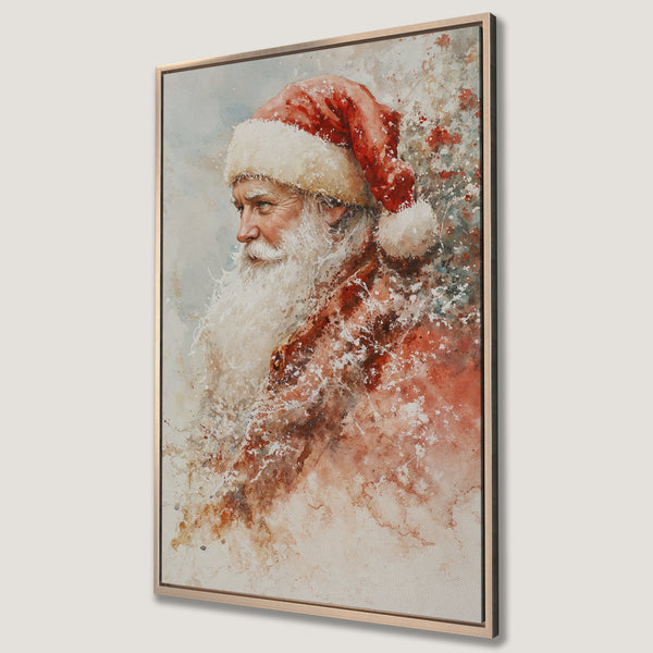 Framed Wall Art: Watercolor Santa Claus portrait in red & white. Festive holiday decor, perfect for Christmas. Canvas Print with a warm, inviting color palette.
