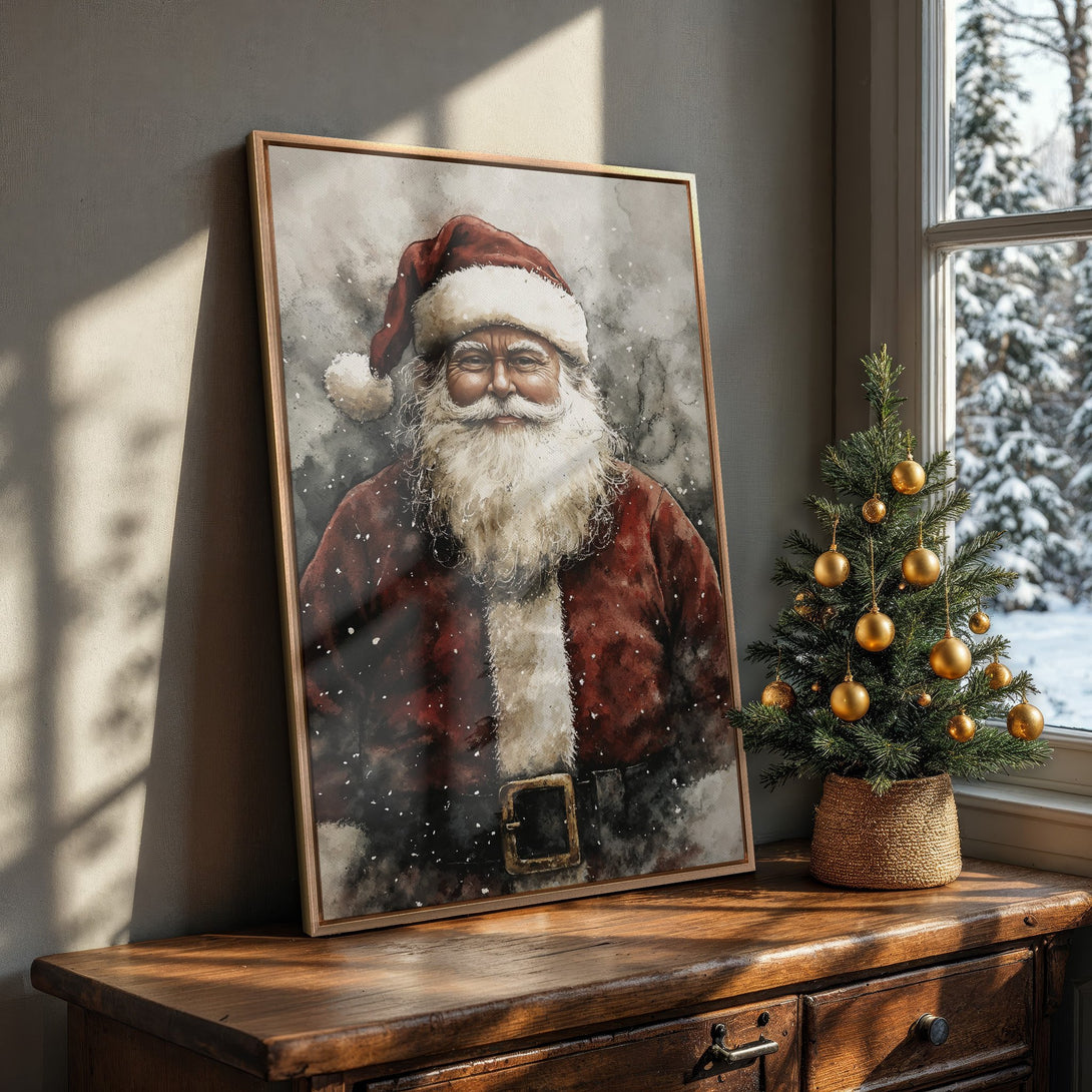 Framed Wall Art: Watercolor Santa Claus print in red & white. Festive holiday decor for your home. Shop our Christmas Canvas Prints!