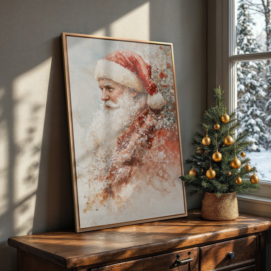 Framed Wall Art featuring Santa Claus in watercolor style. Warm red & cream color palette. Perfect Christmas decor for your home!