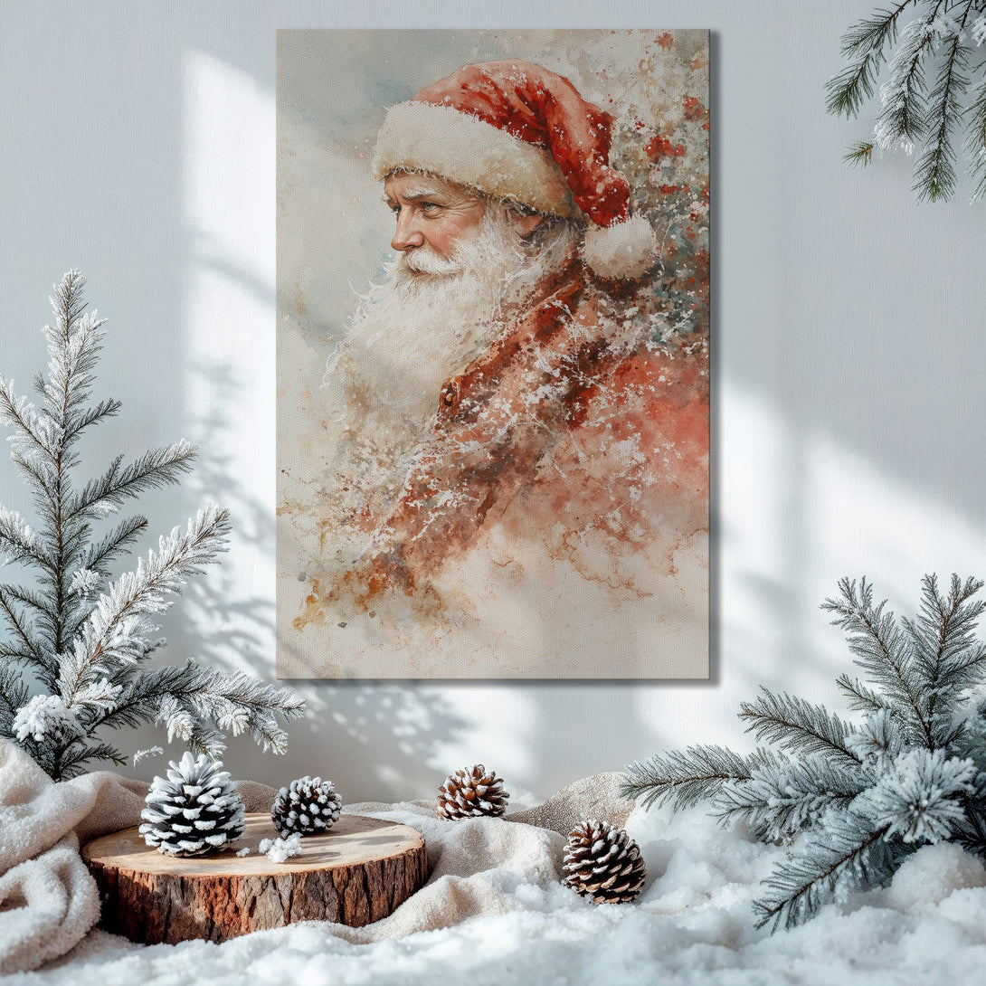 Framed Wall Art: Watercolor Santa Claus Canvas Print in warm red and gold tones. Perfect Christmas decor for a cozy, festive interior.