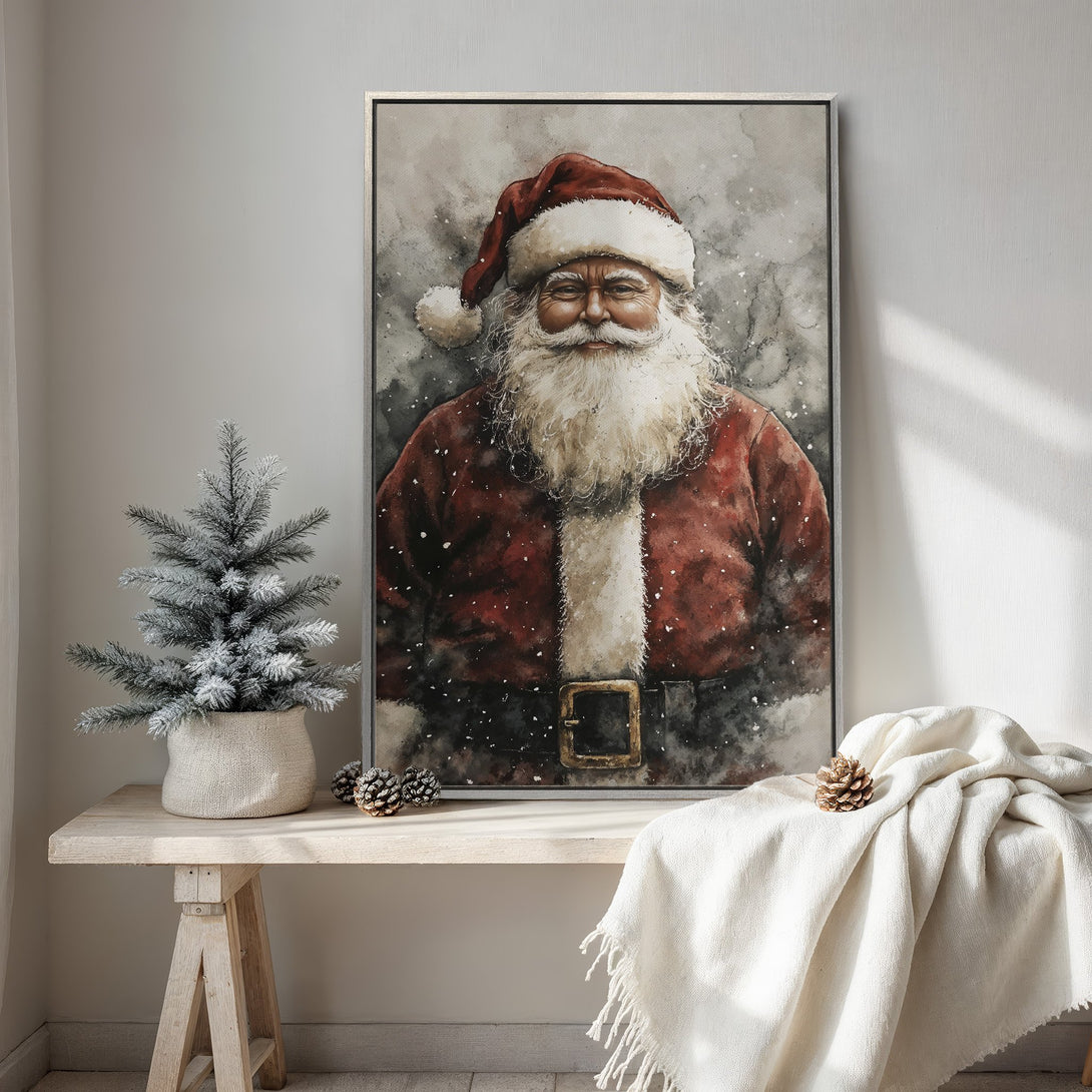 Framed Wall Art of Santa Claus in watercolor style. Festive red, white, and gray color palette. Perfect Christmas decor for your home.