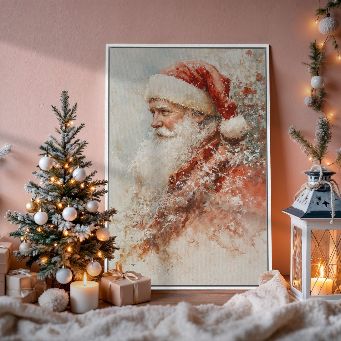 Framed Wall Art featuring Santa Claus in watercolor style, displayed in a cozy Christmas interior with a warm red and white color palette. Perfect holiday decor!