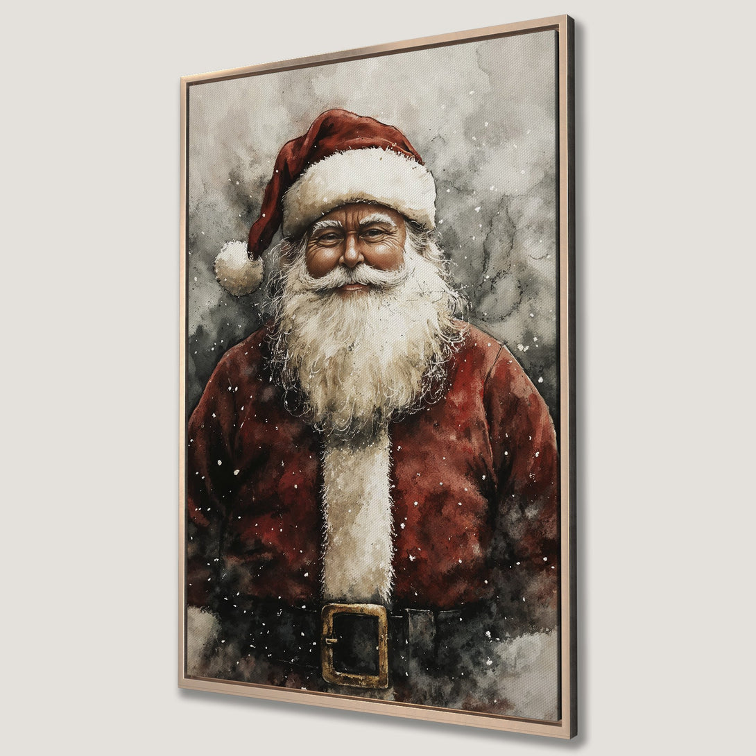 Framed Wall Art of Santa Claus in watercolor style. Festive Christmas decor with red, white, and gray color palette. Perfect holiday Canvas Print.