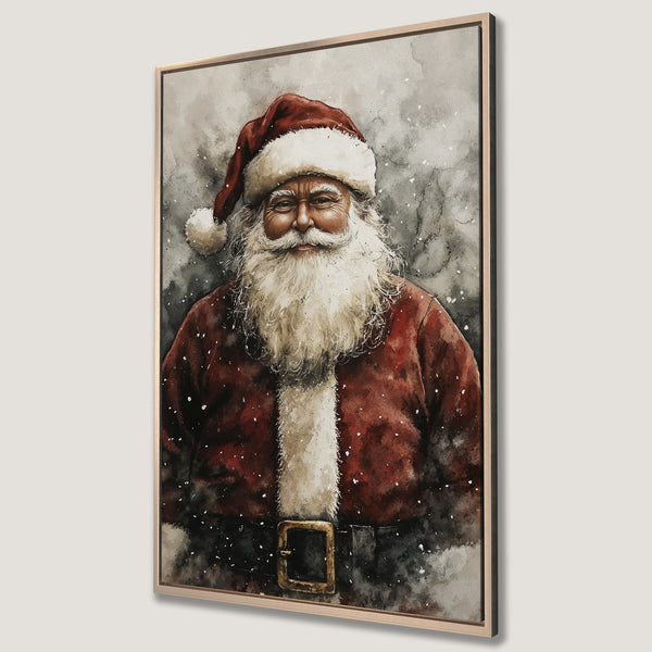 Framed Wall Art of Santa Claus in watercolor style. Festive Christmas decor with red, white, and gray color palette. Perfect holiday Canvas Print.