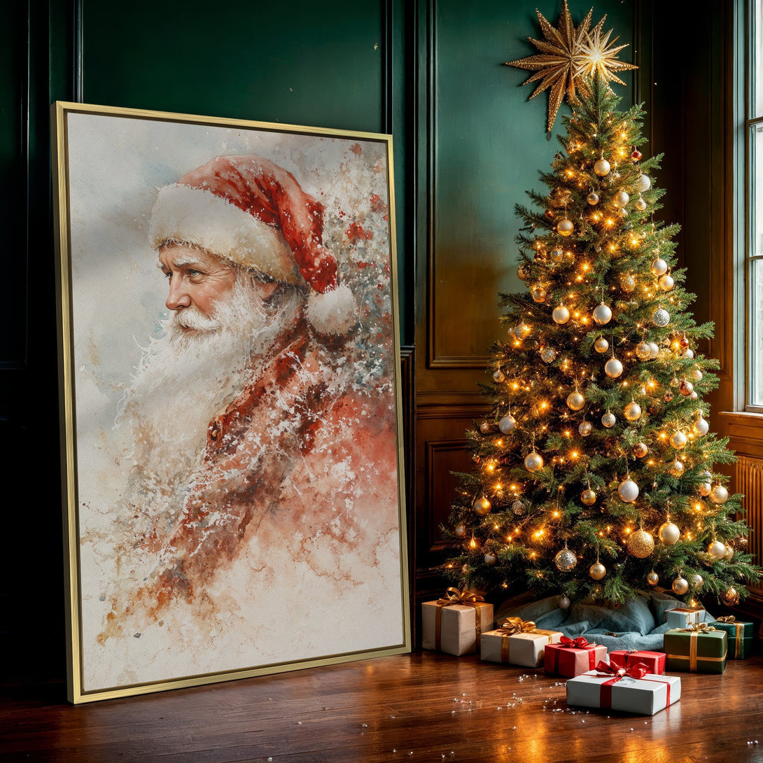 Canvas Print of Santa Claus in watercolor style, featuring a red and white color palette. Perfect Christmas wall art for festive decor.