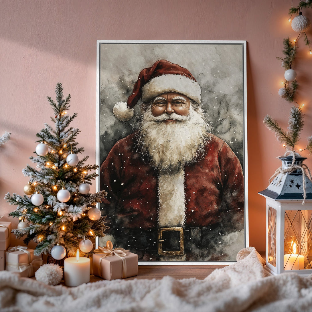 Framed Wall Art: Watercolor Santa Claus print in warm red & gray tones. Festive Christmas decor, perfect for holiday gifting. Shop now!