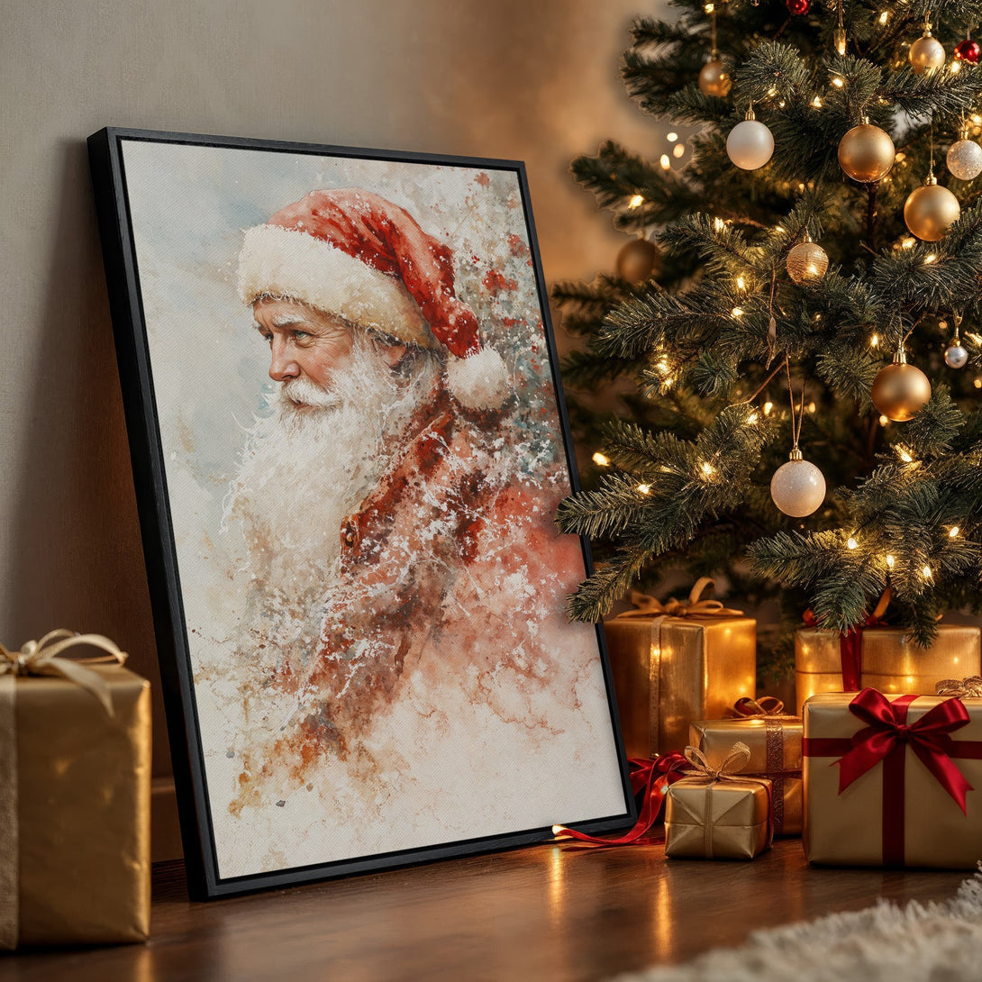 Framed Wall Art of Santa Claus in watercolor style, perfect Christmas decor. Warm red, white, and gold color palette. Bring holiday cheer to your home!