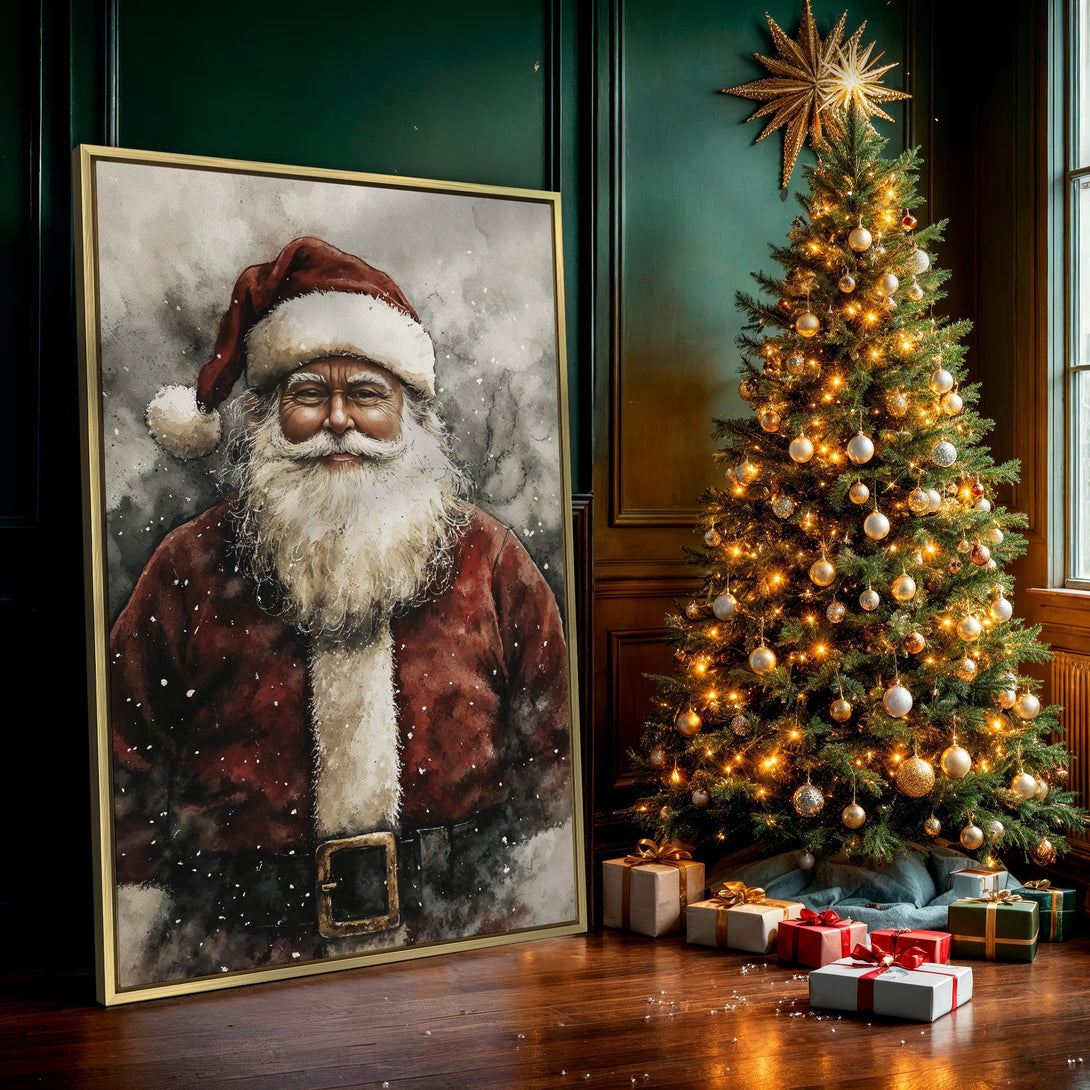 Canvas Print of Santa Claus in watercolor style, featuring a red and white color palette. Perfect Christmas wall art for festive decor!