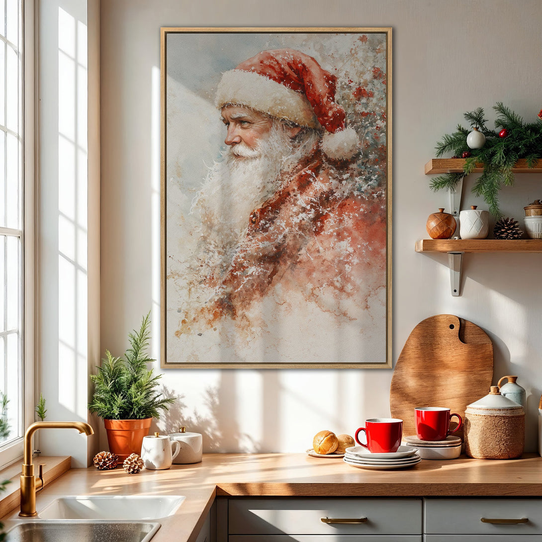 Framed Wall Art: Watercolor Santa Claus print in red and white. Festive holiday decor for your home. Perfect Christmas gift!