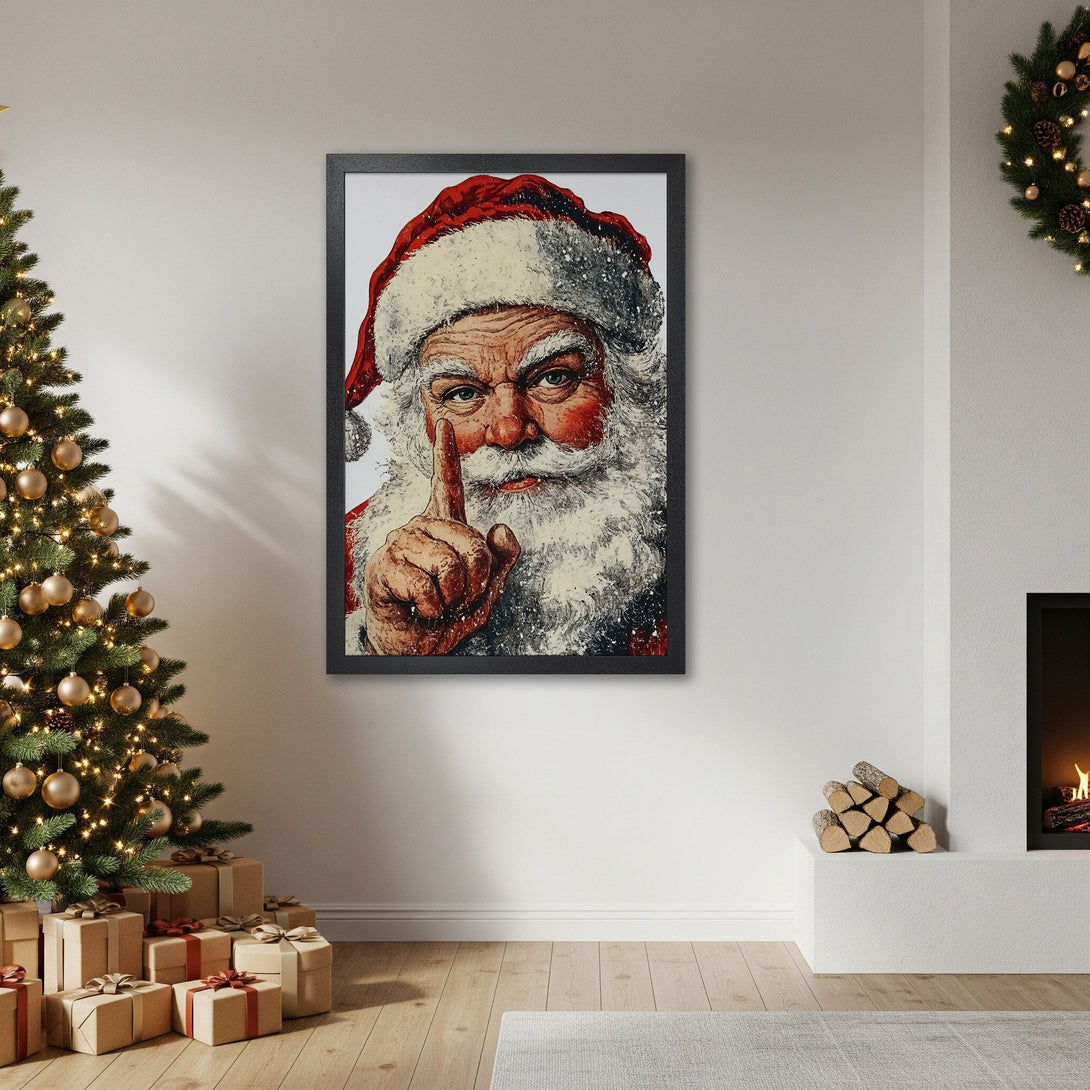 Framed Poster of Santa Claus in a vintage style with red, white, and black colors, perfect for Christmas decor.