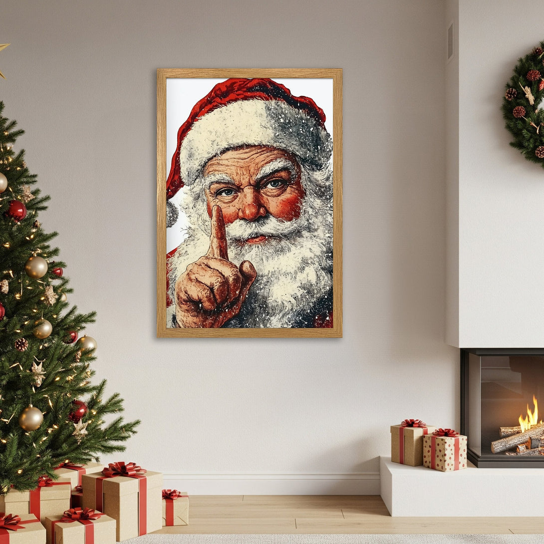 Framed Poster of Santa Claus, vintage style, red & white holiday art for Christmas decor.