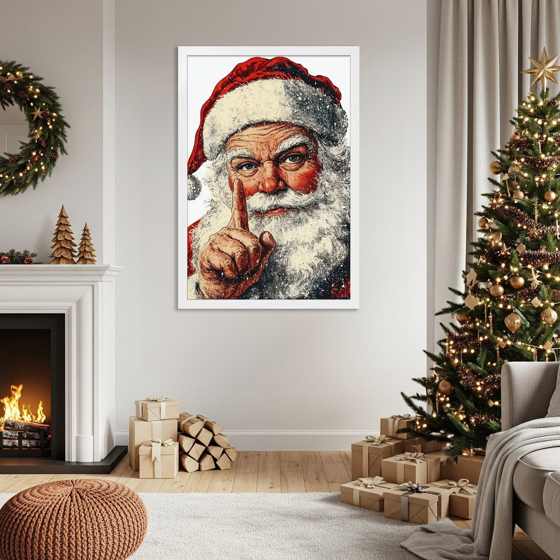 Framed Poster featuring Santa Claus in a vintage style, with a red and white color palette, perfect for Christmas decor.