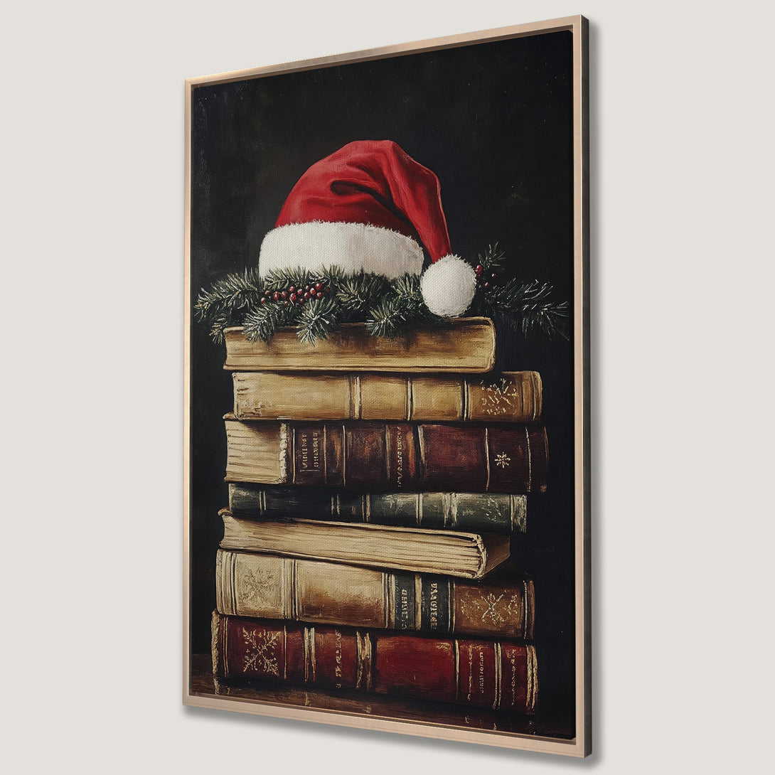 Framed Wall Art: Festive still life of books and Santa hat. Classic style with rich reds, browns, and greens. Perfect Christmas decor for a cozy home.