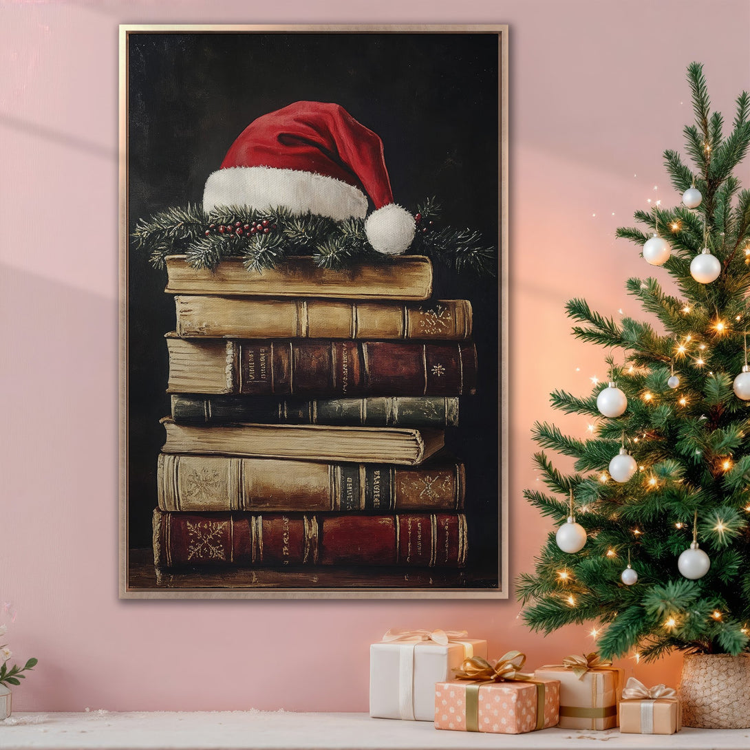 Framed Wall Art Canvas Print featuring a Santa hat on antique books. Warm, inviting color palette perfect for holiday decor.