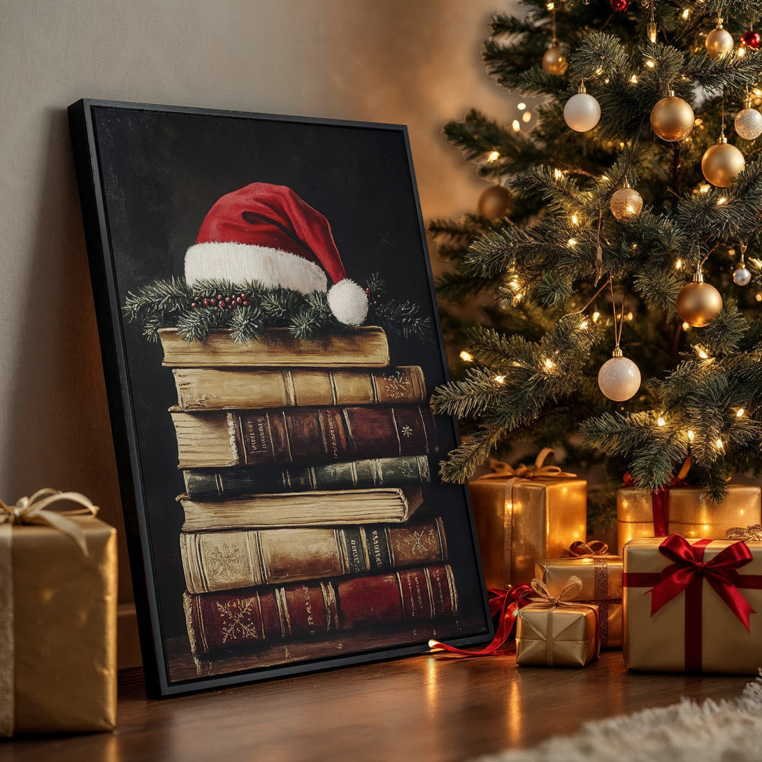 Framed Wall Art featuring a vintage painting of books and a Santa hat, warm color palette, perfect for Christmas decor.