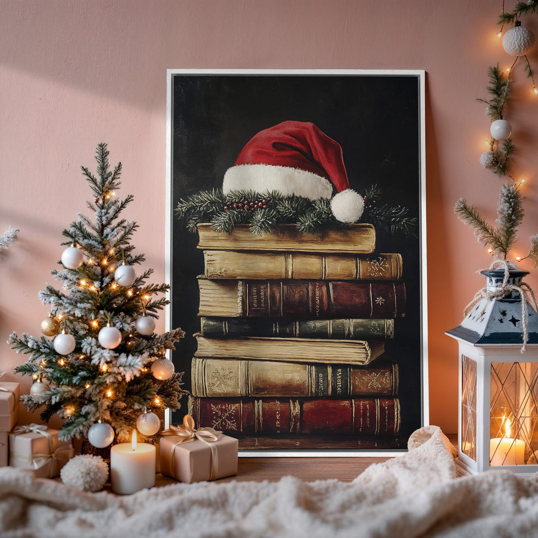 Framed Wall Art: Christmas still life with books and Santa hat. Warm, inviting colors create a cozy holiday vibe. Perfect for festive home decor.